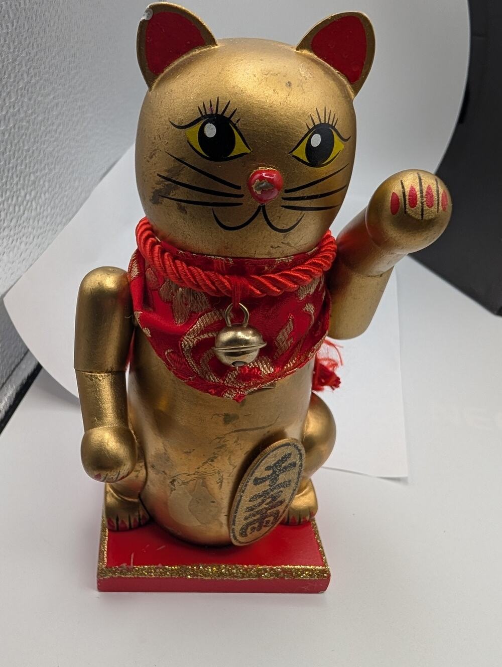 World Market Maneki-Neko Lucky Cat Figurine Gold Red Wood Nutcracker Style 2023